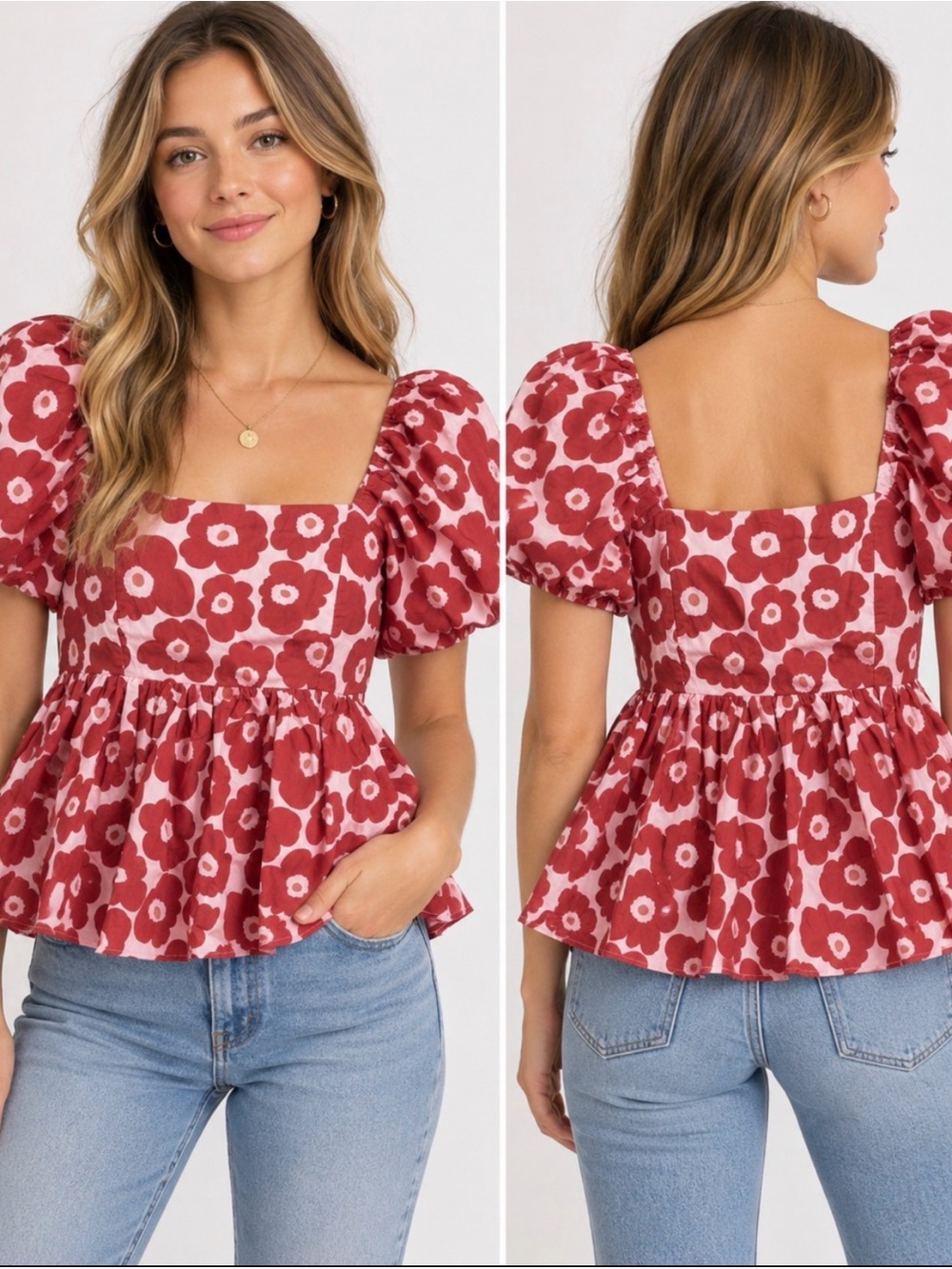 ENTRO Floral Puff Sleeve Peplum Top - Brick & Pink - Picture 2 of 6
